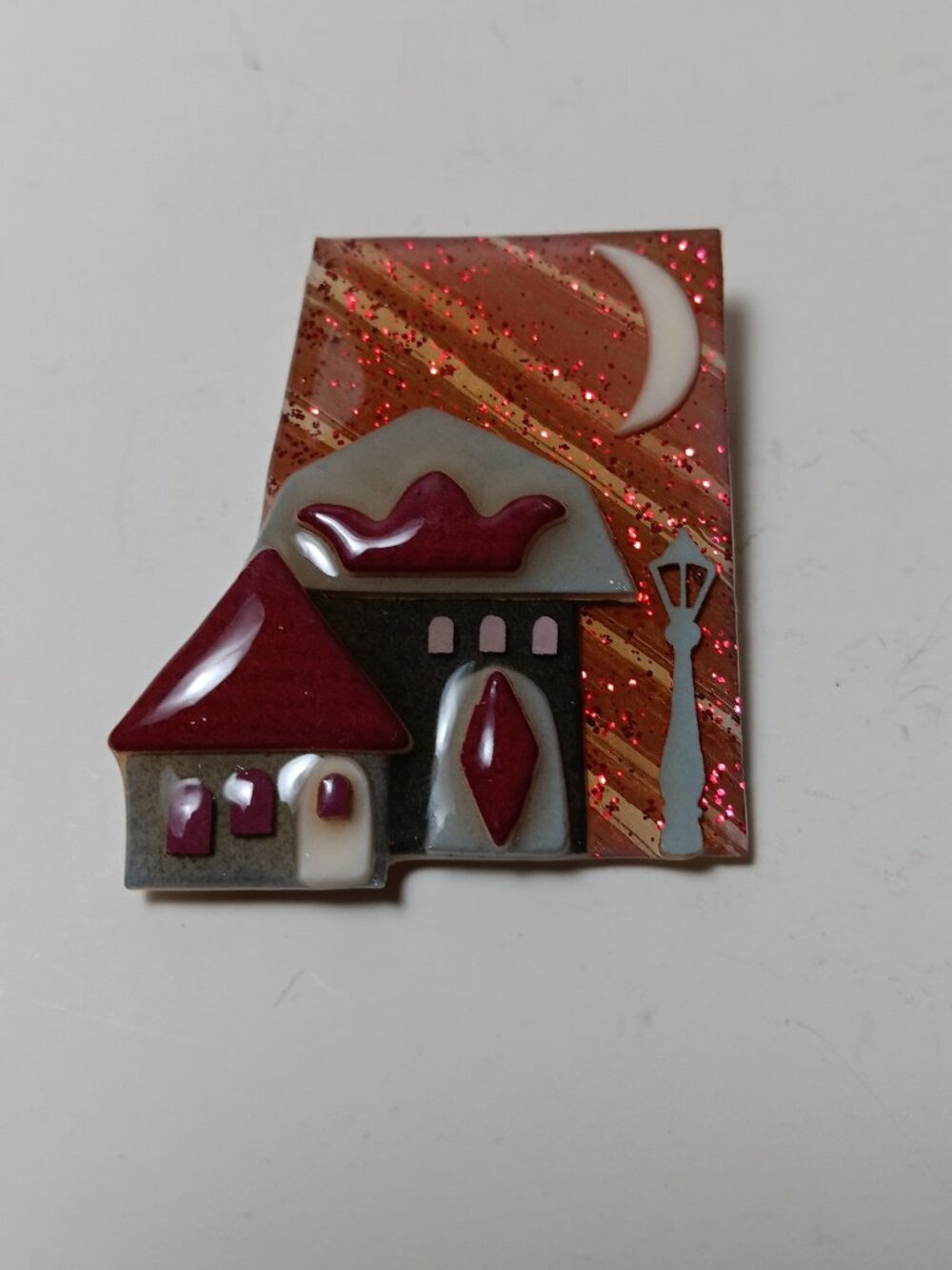 Vintage house pins by lucinda pink house moon glitter brooch pin folk art